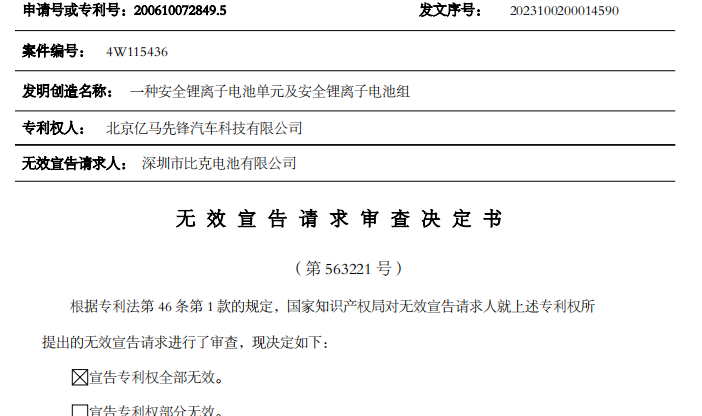 深圳市比克电池有限公司与北京亿马先锋汽车科技有限公司专利无效案