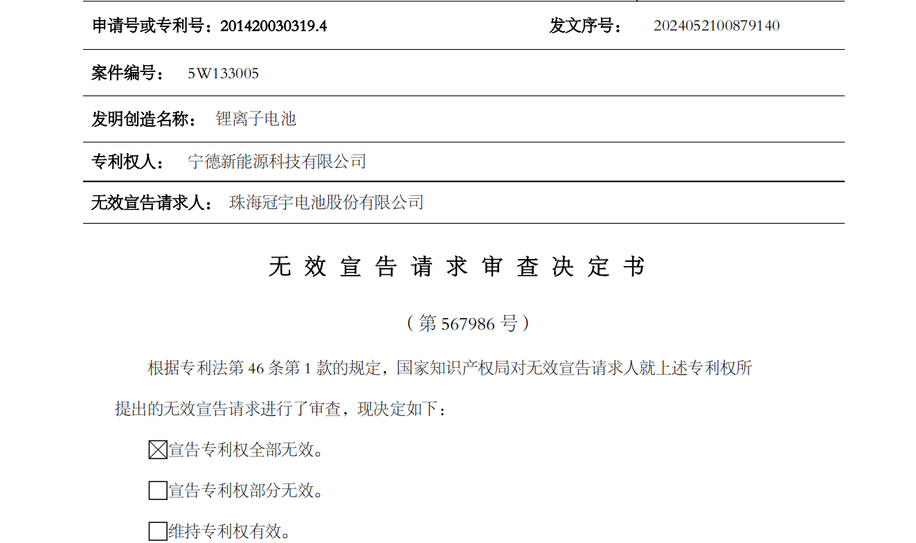 索赔1.05亿锂电池专利宣告无效珠海冠宇赢得与宁德新能源专利无效纠纷