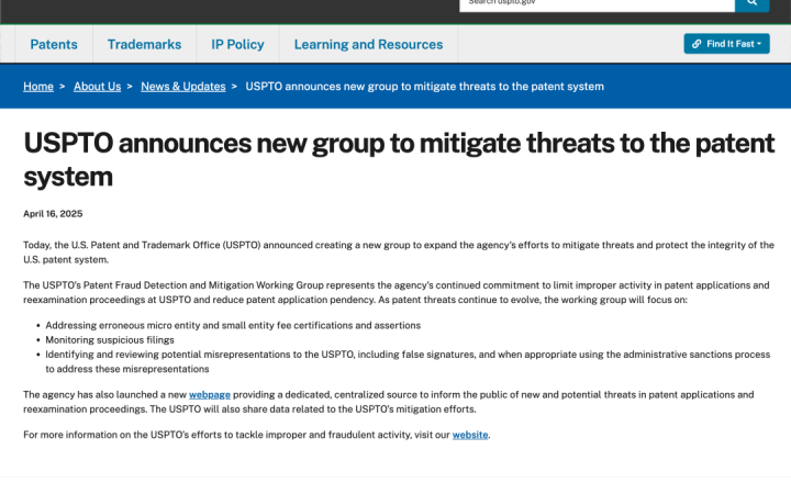 【重要提醒】USPTO成立专利欺诈检测工作组：中国企业申请美国专利须警惕新风险